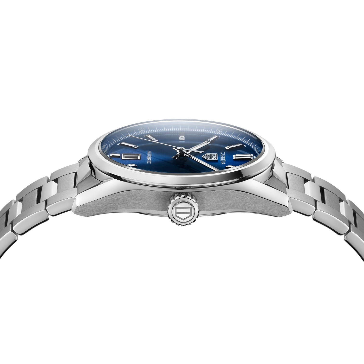 Side view of TAG Heuer Carrera Calibre 5 Automatic Men's Watch Blue Dial & Steel Watch, 39mm